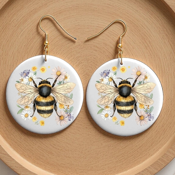 Bee Design Gold Hook Earrings - Picture 2 of 2